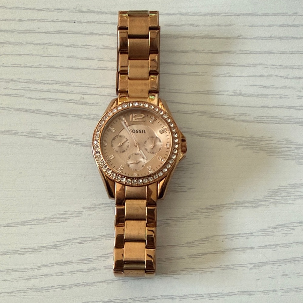 Fossil Women's Rose Gold-Tone Watch with Crystal Accents